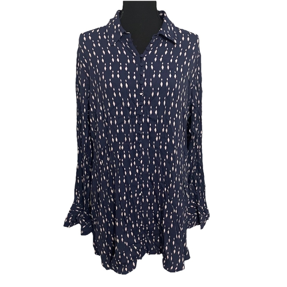 SOFT SURROUNDINGS Sz L Poet Blouse Navy Blue Printed Long Sleeve Button Up Tunic